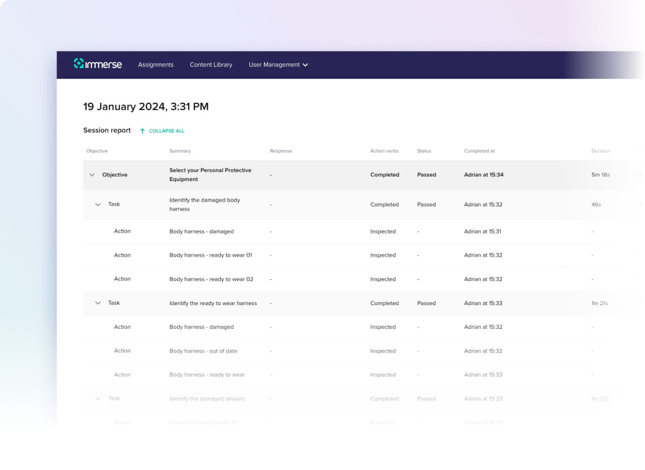 Immerse platform displaying xAPI reporting