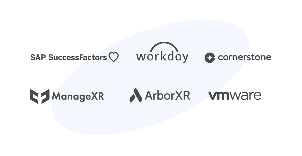 Logos of SAP Success Factors, Workday, Cornerstone, ManageXR, ArborXR, VMware in dark grey colour, laid over a pale blue circle.