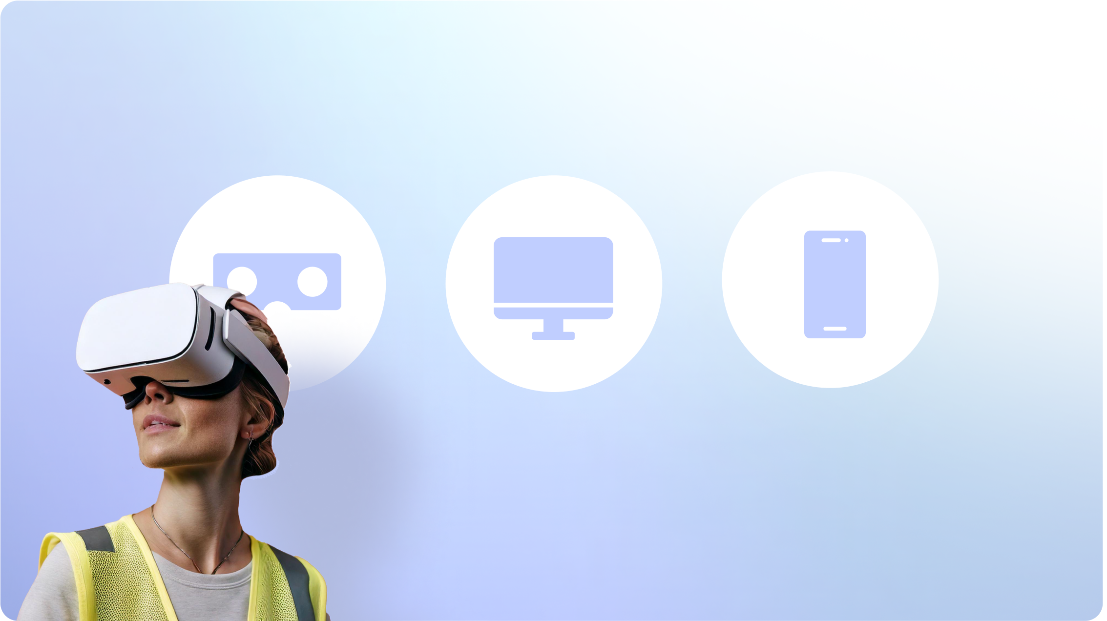 A blonde woman wearing a white VR headset, placed on a blue background with icons of VR headset, Mobile and Desktop.