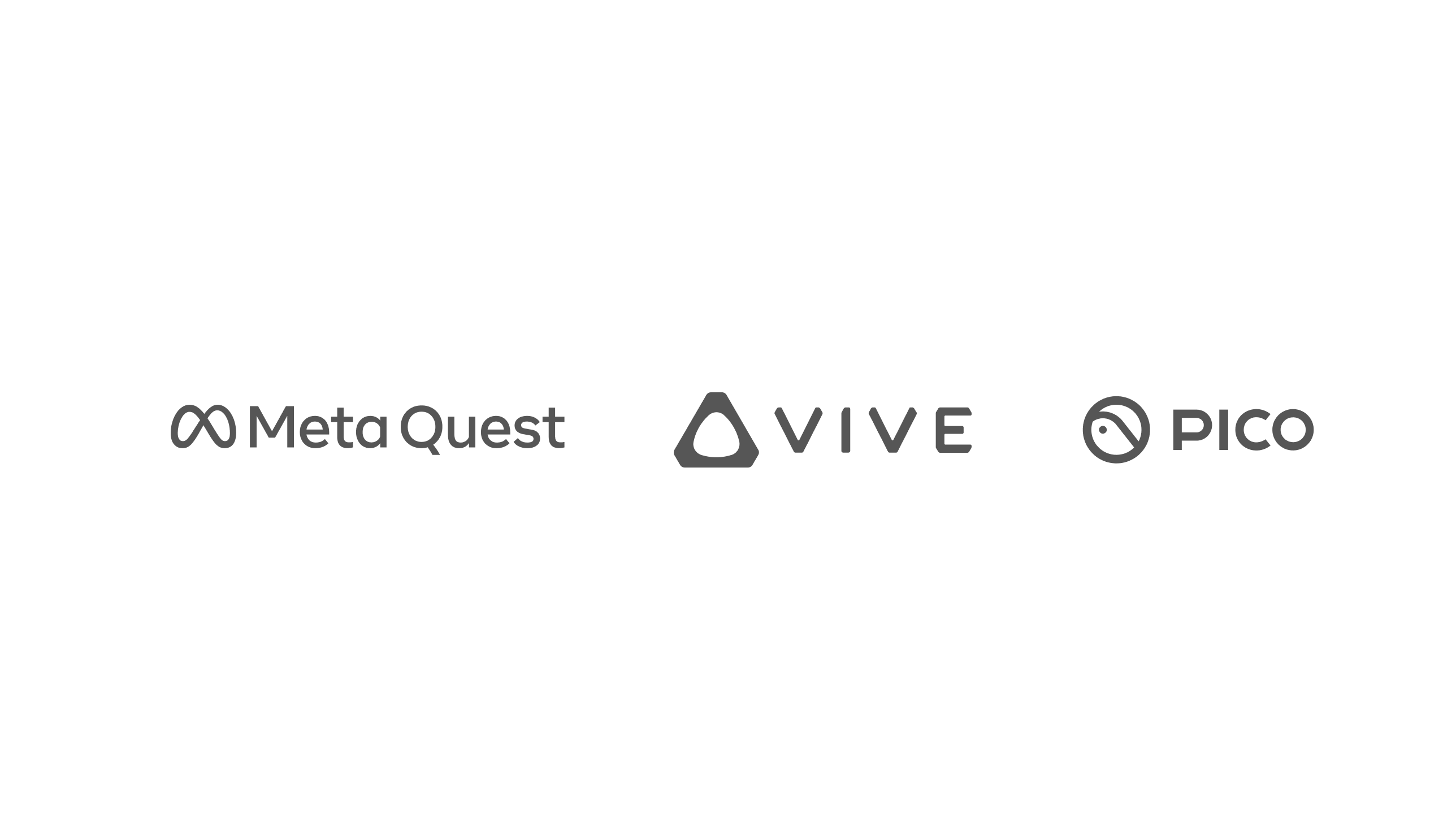 Grey logos of Meta Quest, Vive and Pico