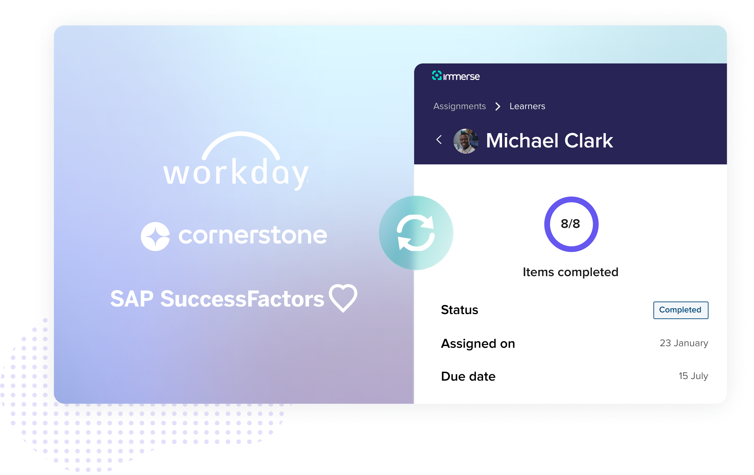 Immerse platform UI and LMS logos including Workday, SAP and Cornerstone